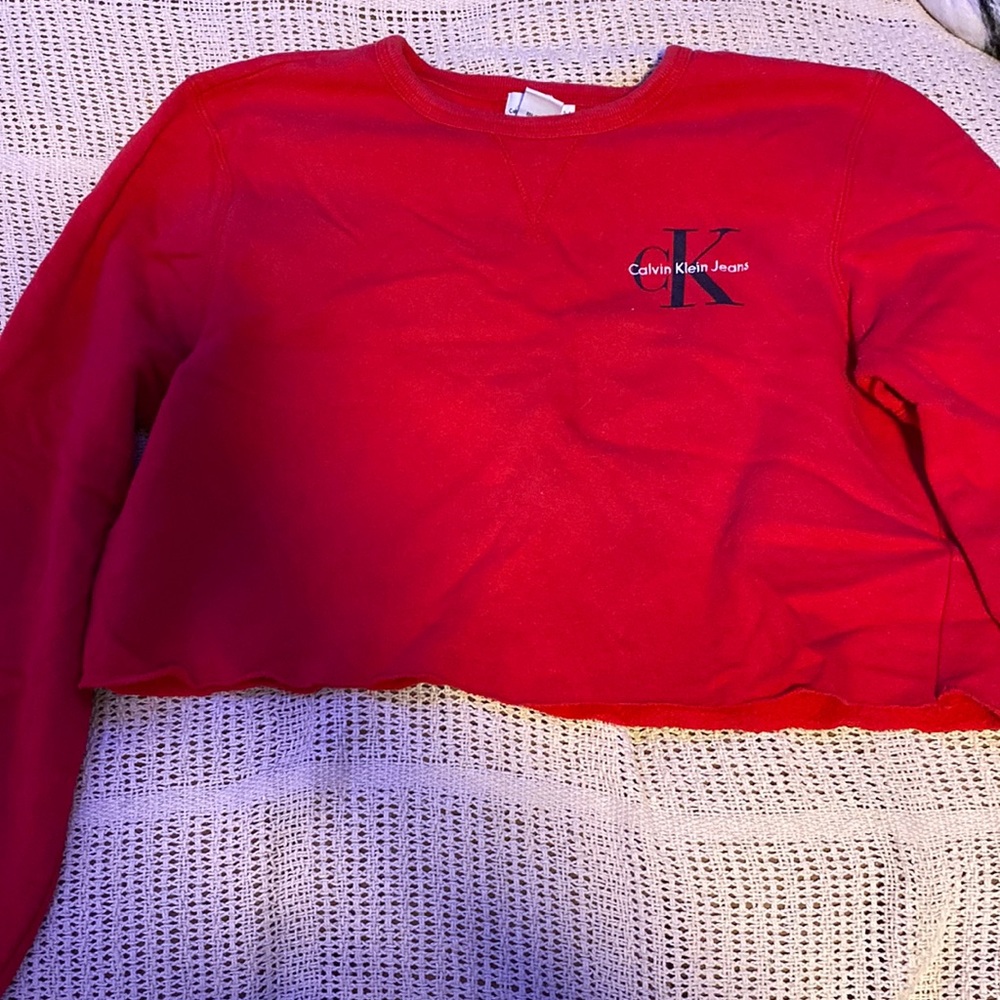 red calvin klein cropped sweatshirt